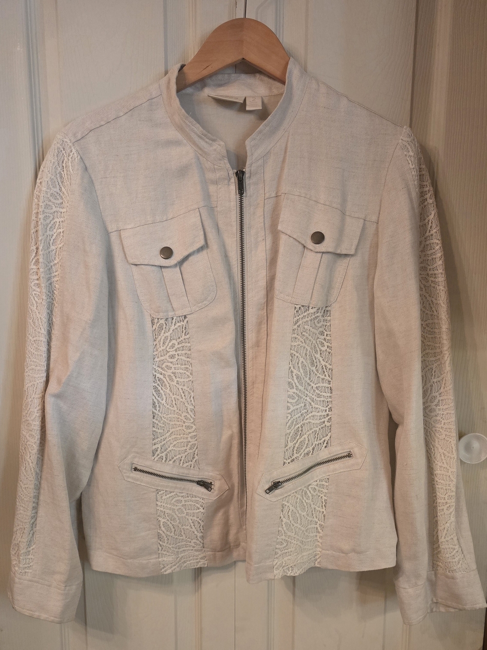 Chico's Cream Lace-Trim Linen Zip Utility Jacket